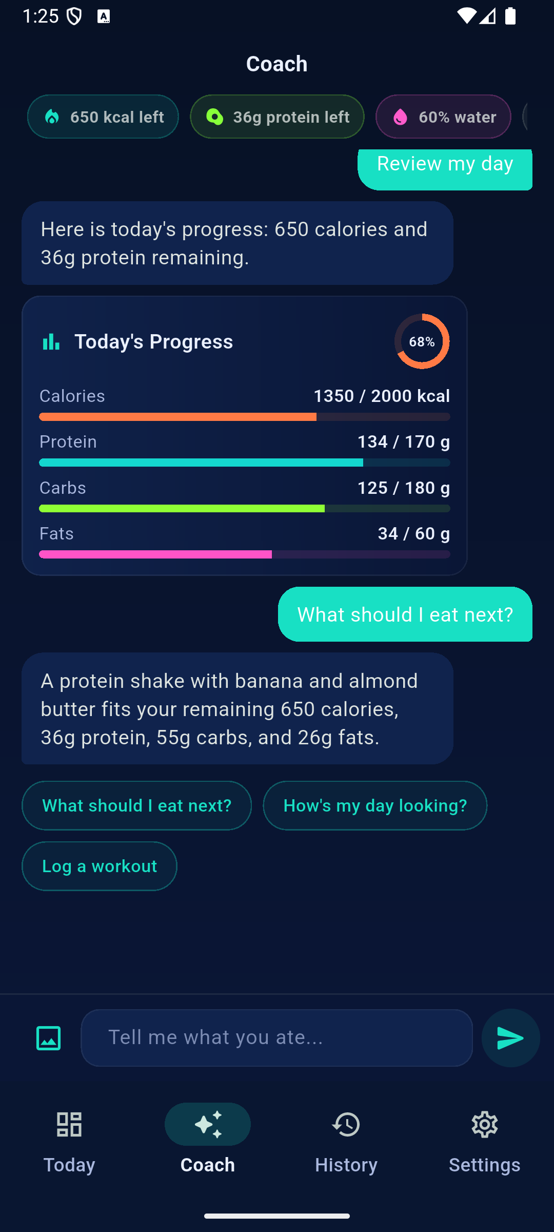 FitForge Coach screen showing AI chat responses and suggested follow-up prompts