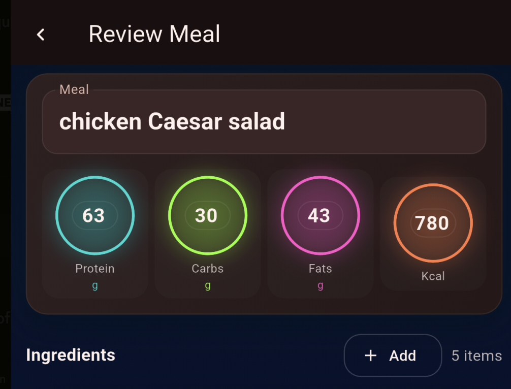 FitForge history screen showing macro and calorie trend graph
