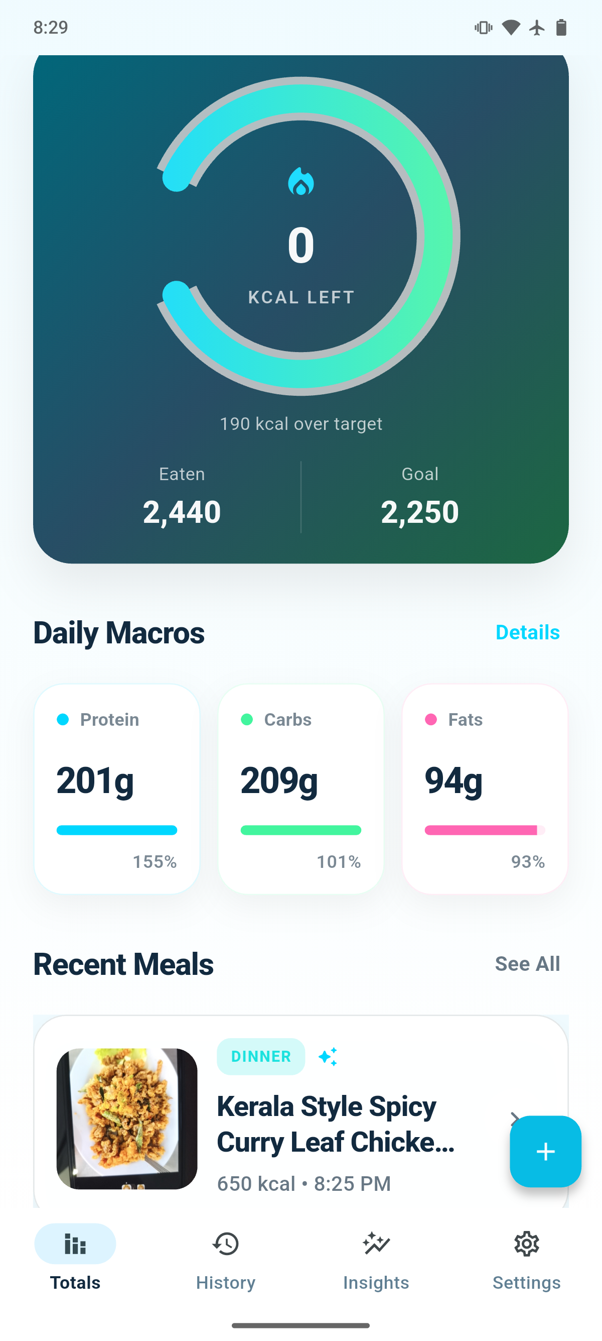 FitForge home screen showing daily totals, macro progress, and recent meals