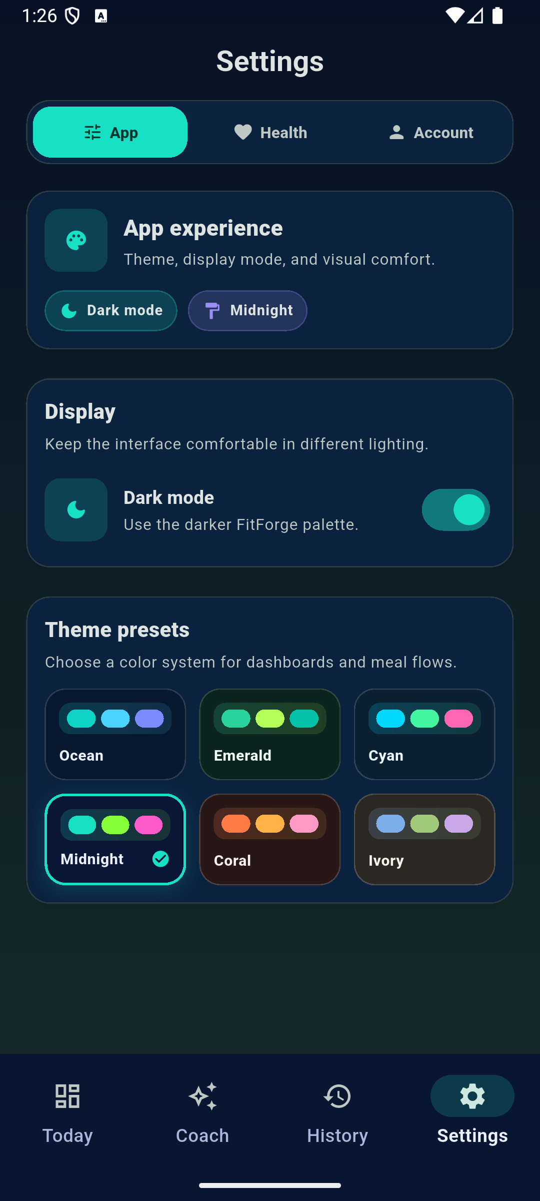 FitForge Settings screen showing app theme controls and color presets