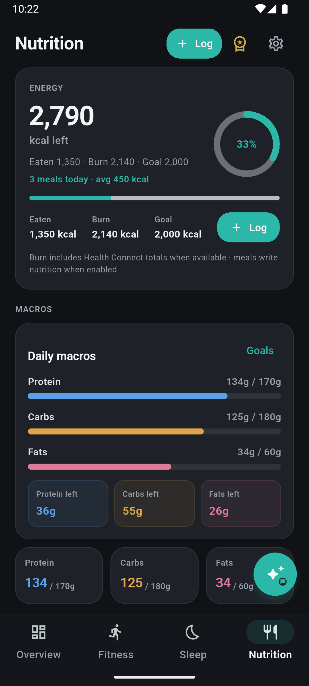 FitForge Nutrition tab with energy and macros