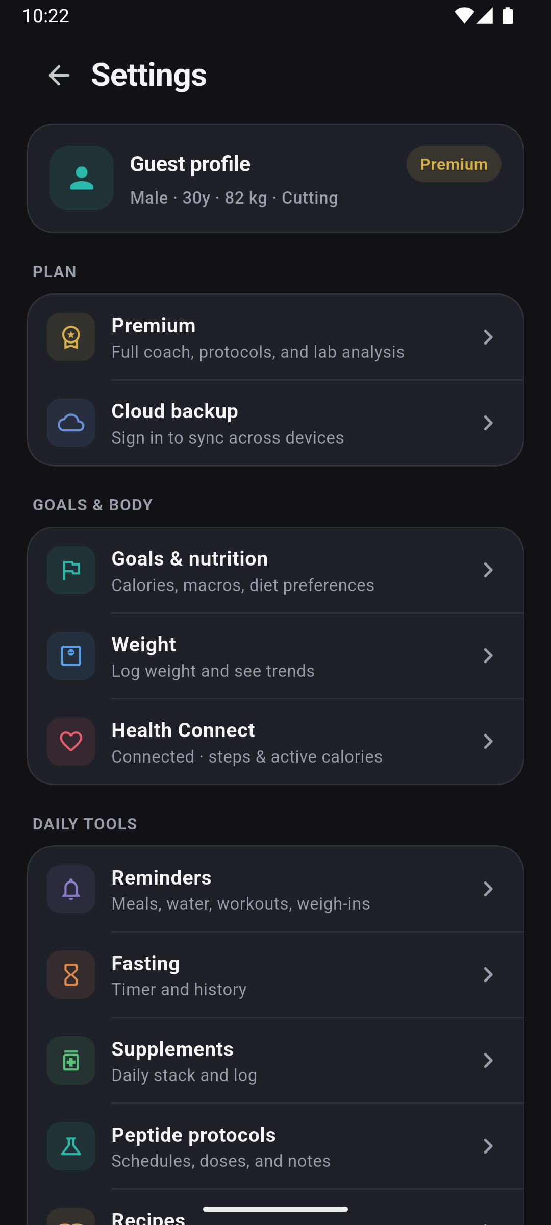 FitForge settings and account surfaces
